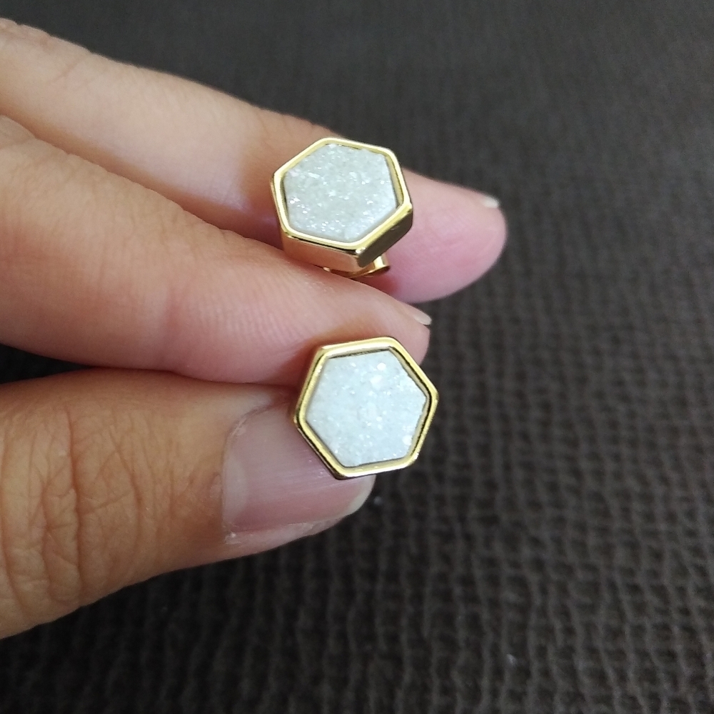 Luna🌙 Norte White Druzy Quartz Hexagon Earrings - Picture 3 of 13